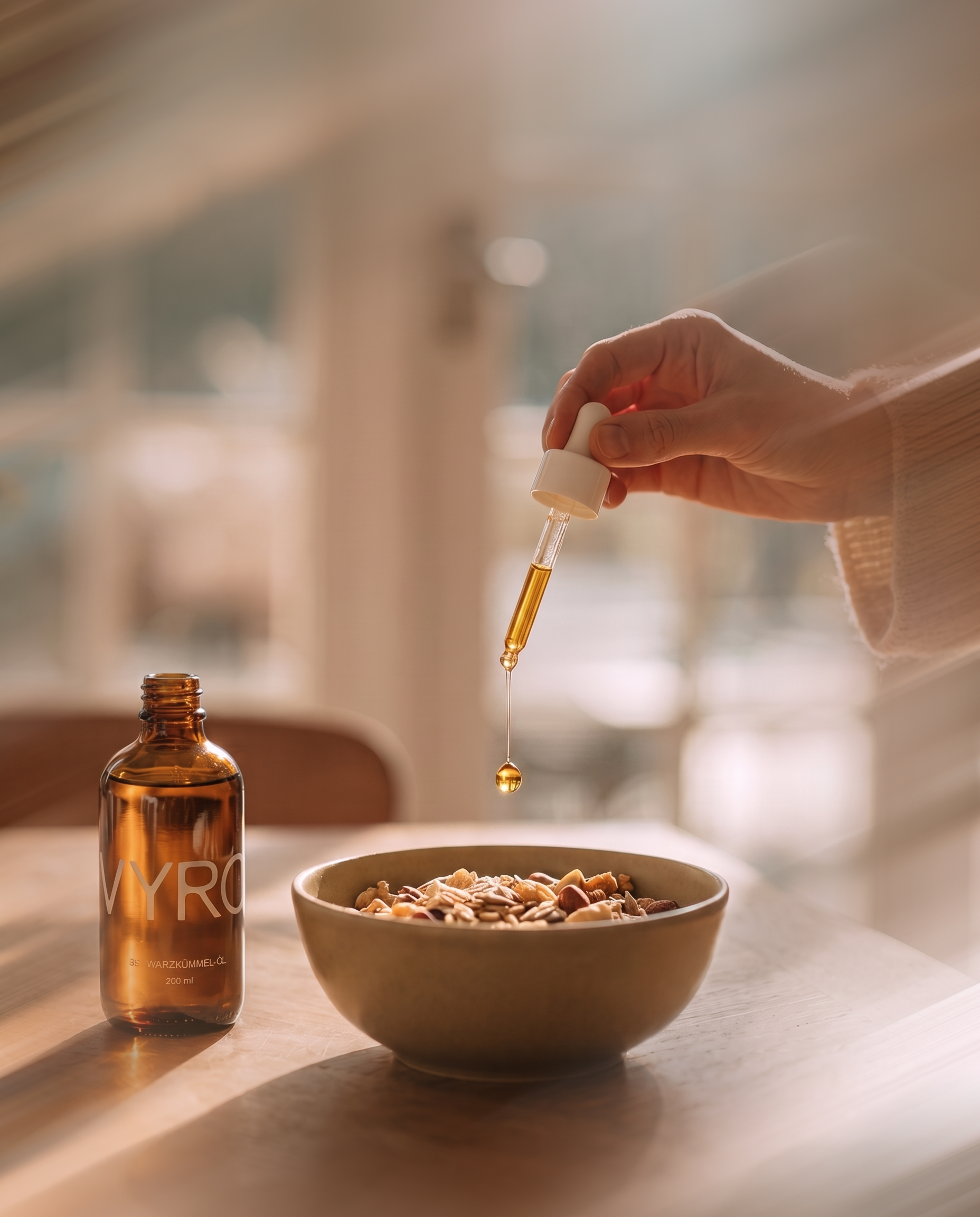 A drop of oil above breakfast